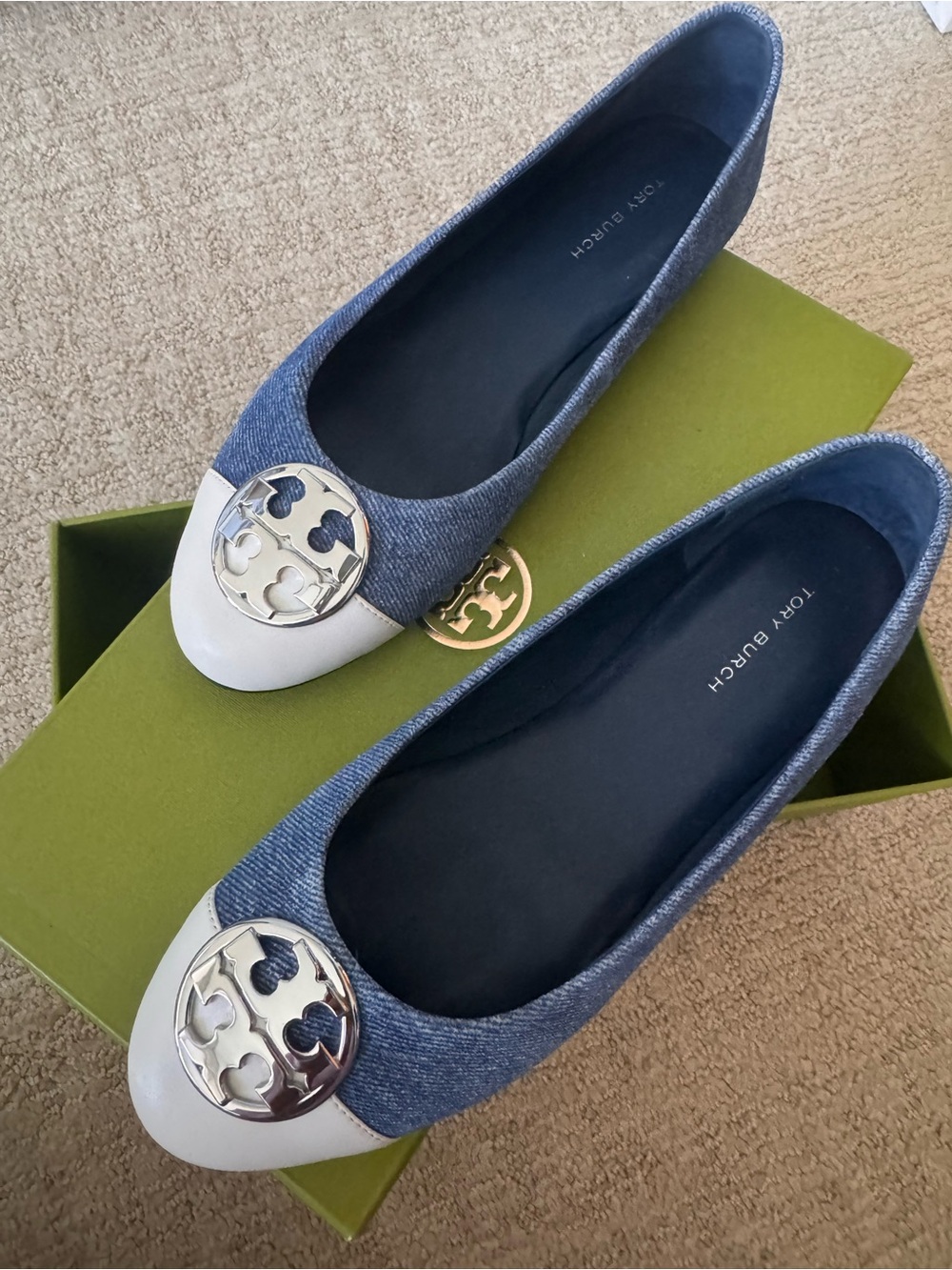 Tory Burch Denim and White Logo Cap-Toe Ballet Flats